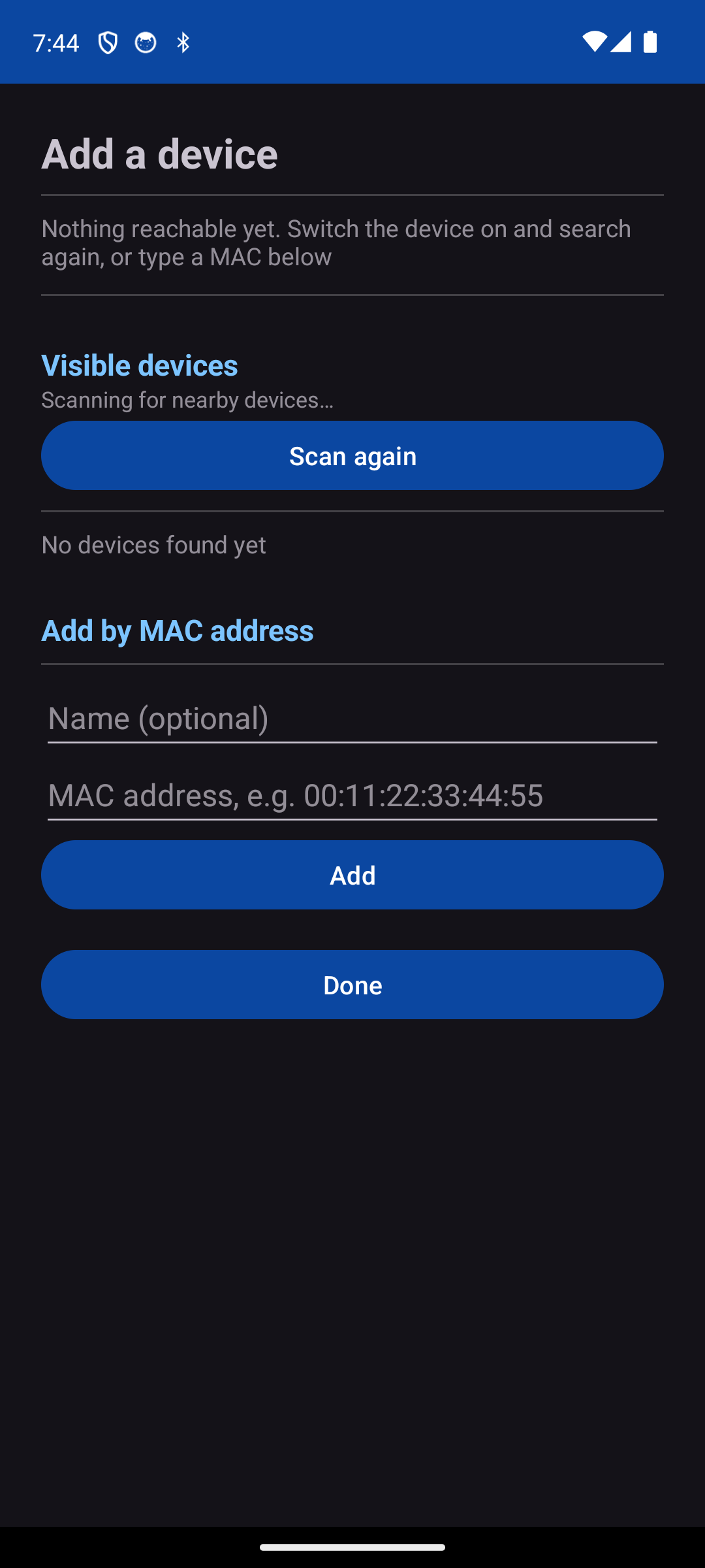 Add device screen: paired, nearby and manual address entry