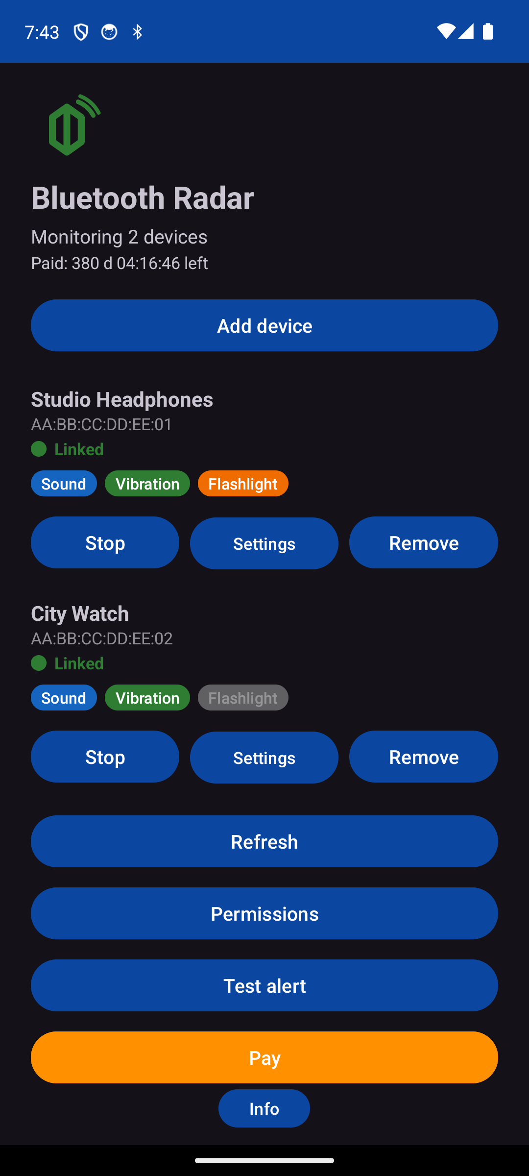 Main screen: device list, subscription countdown, buttons