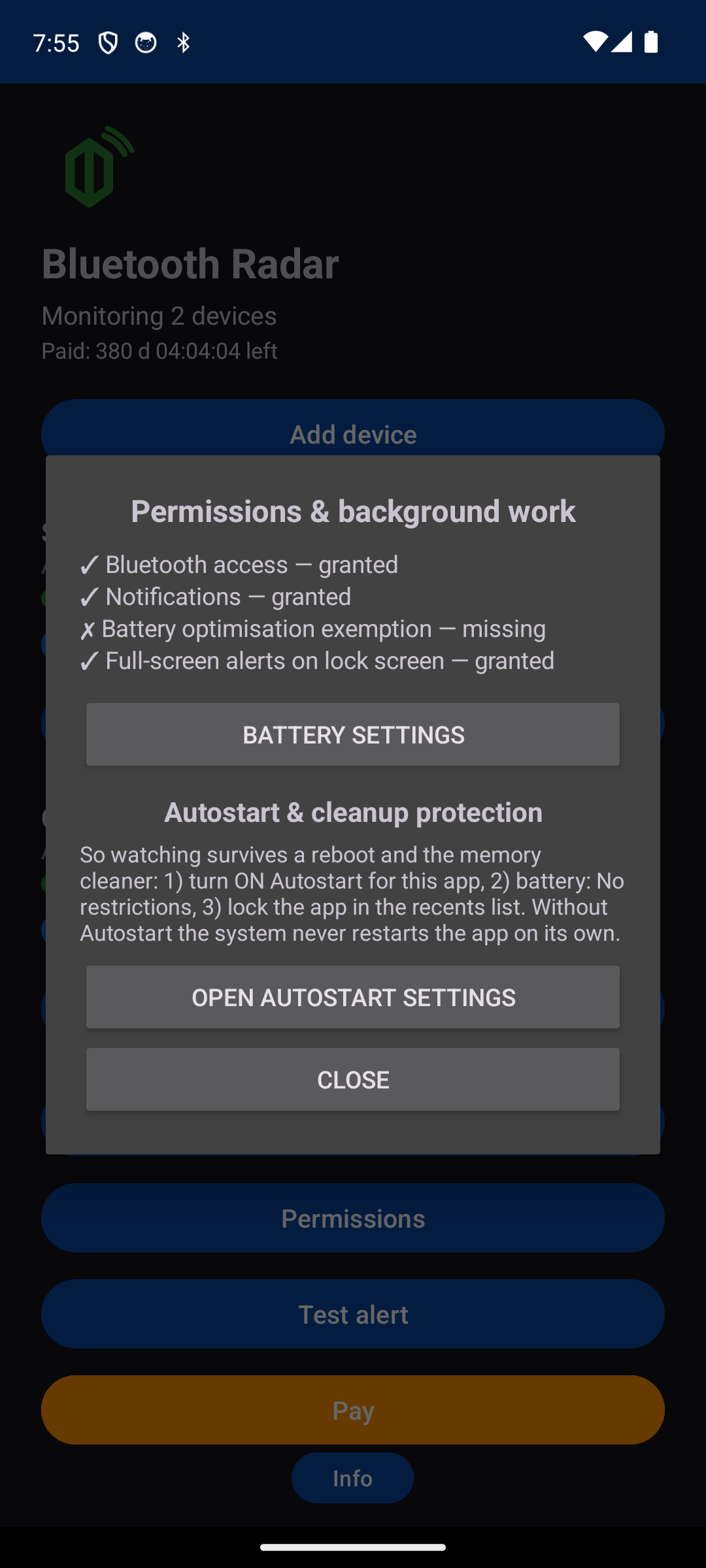 Permissions screen: what the monitoring has and what still needs allowing
