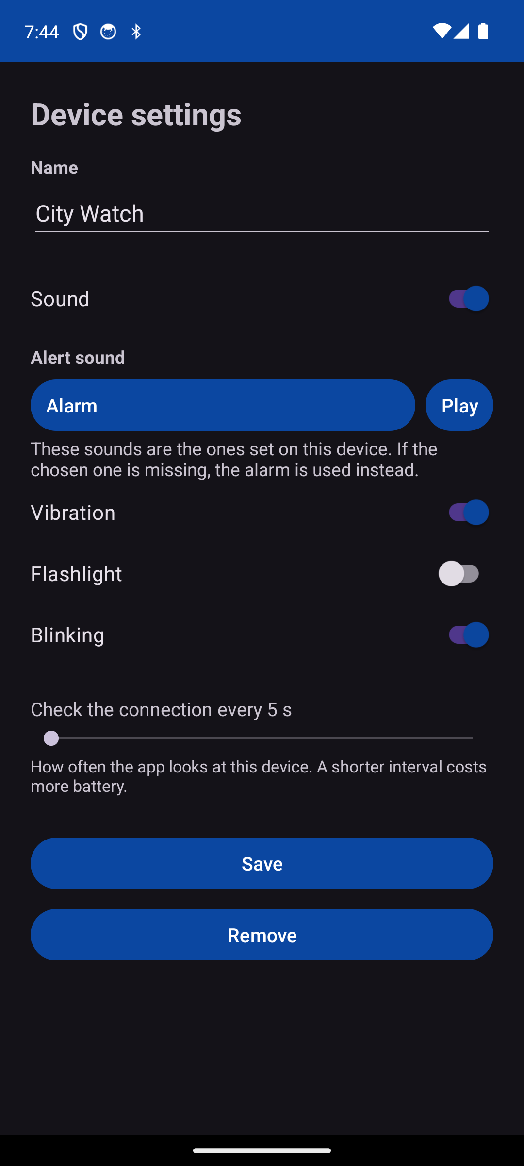 Device settings: name, sound, vibration, flash, blink mode, how often to check the link