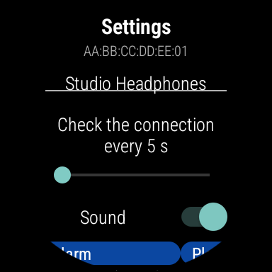 Device settings on the watch: name, sound, vibration, check interval